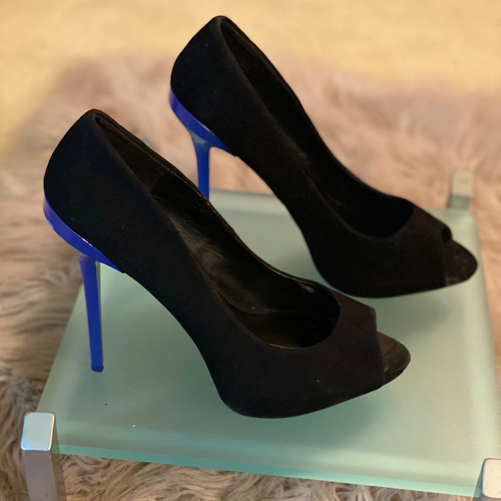 Aldo Black Suede Peep-toe Pump with Cobalt Heel